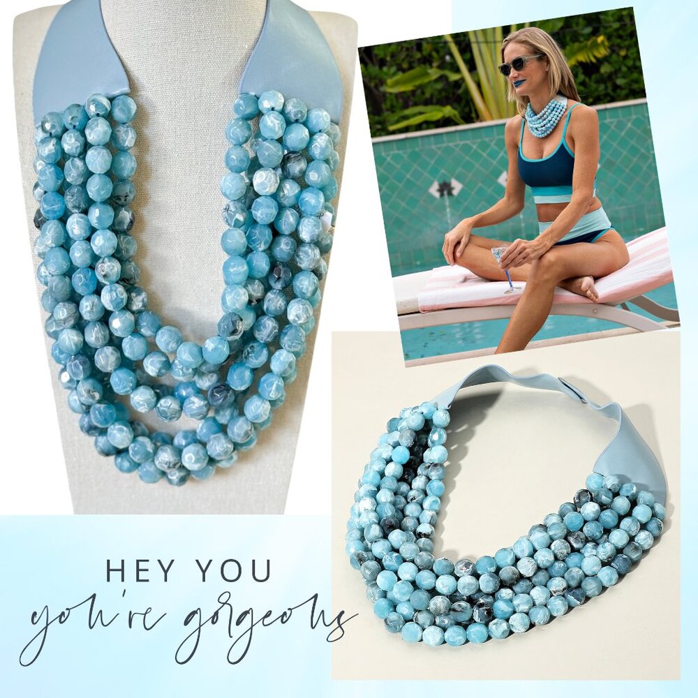 NEW Stunning Faceted Beaded 7-Strand Bib Statement Necklace in Sea Surf Blue